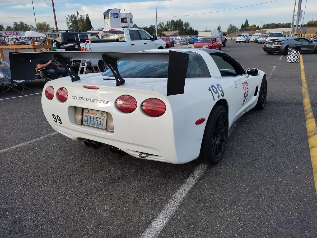 Rear view of Shred Jesse's 1999 C5 Corvette at Portland International Raceway. It's sporting the WingLogic DIY wing kit that Jesse designed.